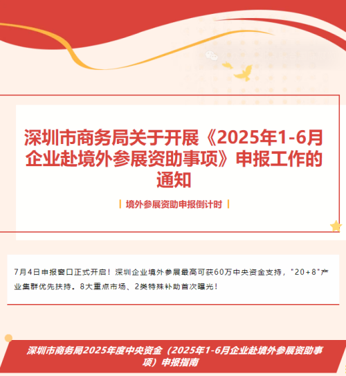【深圳外展申報(bào)補(bǔ)貼通知】深圳市商務(wù)局關(guān)于開(kāi)展《2025年1-6月企業(yè)赴境外參展資助事項(xiàng)》申報(bào)工作的通知